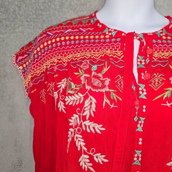 Johnny Was Scarlet Red Lissa Cupra Rayon Floral Embroidered Blouse Medium - Picture 2 of 8